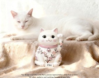 Urna conmemorativa para cenizas de gato, Maneki Neko personalizado pintado como tu gato, collar y placa personalizados, recuerdo de cerámica hecho a mano.
