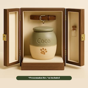 Pet Urn for Ashes Personalized 2 Tone Ceramic Dog Cremation Urn Handmade Cat Memorial Keepsake Jar Secure lid Custom name date Pottery