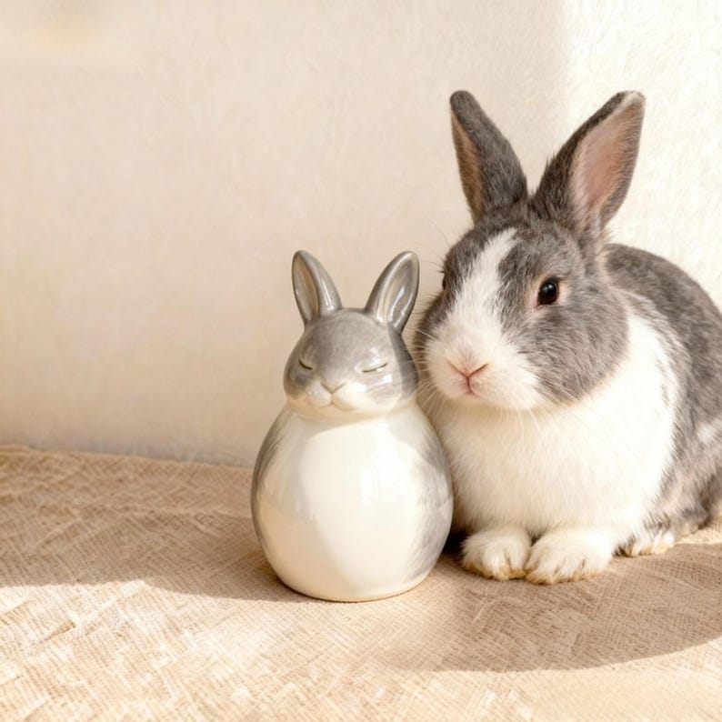 Puede incluir: Una figura de conejo de cer&aacute;mica con acabado gris y blanco se encuentra junto a un conejo vivo gris y blanco. La figura tiene los ojos cerrados y el conejo tiene las orejas levantadas. El fondo es de color neutro.
