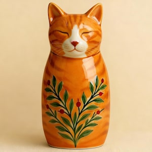 Cat urn handmade ceramic pet memorial urn personalized slim cat shaped jar cat ashes keepsake colorful floral painted feline tribute unique Amber Tabby