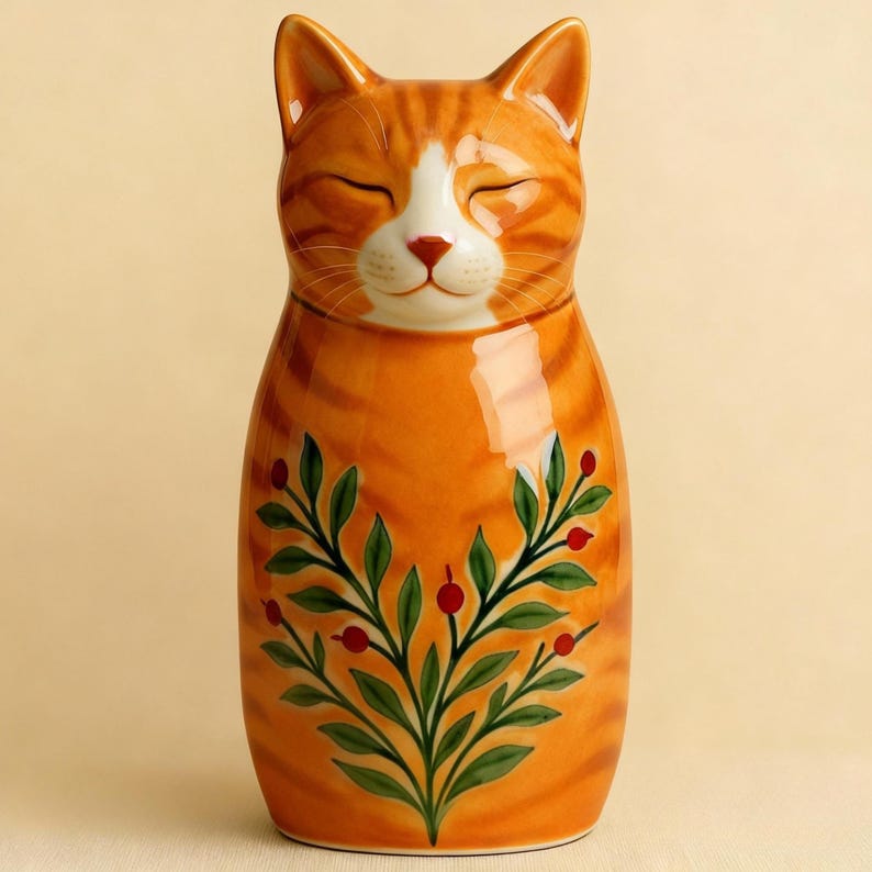 Cat urn handmade ceramic pet memorial urn personalized slim cat shaped jar cat ashes keepsake colorful floral painted feline tribute unique Amber Tabby