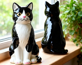 Escultura de urna para gato hecha a mano en cerámica, monumento conmemorativo para mascotas, personalizado, de pelo corto, atigrado, calico, pintado a mano, recuerdo de cenizas de gato, nombre personalizado.