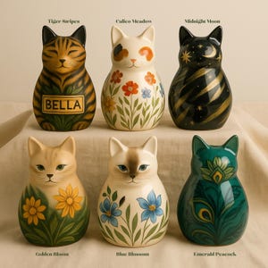 A calico cat urn for ashes, featuring cream glaze with hand-painted orange and black calico patches paired with vibrant meadow flowers. This handmade urn captures the personality of calico cats with warmth and charm, while offering personalization with names or inscriptions. Crafted as a sculpture as much as a vessel, it is a keepsake jar that celebrates a pet’s life with artistry, vibrancy, and lasting remembrance.