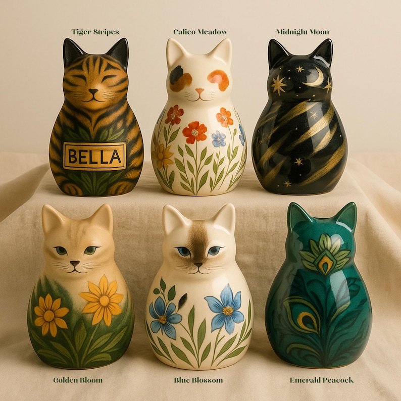 A calico cat urn for ashes, featuring cream glaze with hand-painted orange and black calico patches paired with vibrant meadow flowers. This handmade urn captures the personality of calico cats with warmth and charm, while offering personalization with names or inscriptions. Crafted as a sculpture as much as a vessel, it is a keepsake jar that celebrates a pet’s life with artistry, vibrancy, and lasting remembrance.