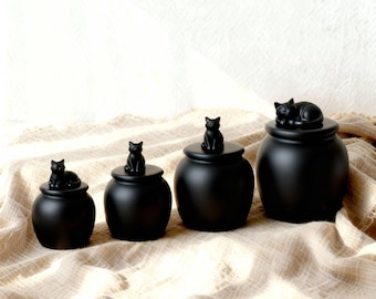 Black Ceramic Cat Urn Handmade Pet Memorial Pottery Keepsake For Ashes with Cat Figurine with or without Name and Date