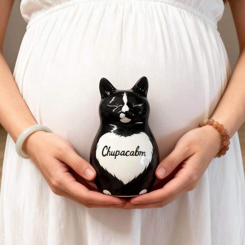 Op de afbeelding: Een zwart-wit keramieken kattenbeeldje met het woord "Chupacabm" op de borst. De kat heeft een wit hartvormig ontwerp en wordt vastgehouden voor een persoon die een witte jurk draagt.