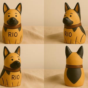 Personalized German shepherd urn crafted in ceramic, standing tall with pointed ears, proud posture, and black-and-tan fur pattern hand-painted from photo references. The urn features the name “Rio” inscribed across the chest and a leather-brown collar detail. Vibrant yet dignified, this urn captures the essence of your dog while keeping ashes safe inside a unique, hand-thrown, one-of-a-kind keepsake.