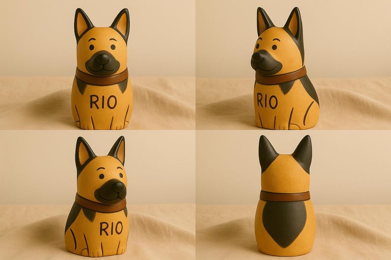 Personalized German shepherd urn crafted in ceramic, standing tall with pointed ears, proud posture, and black-and-tan fur pattern hand-painted from photo references. The urn features the name “Rio” inscribed across the chest and a leather-brown collar detail. Vibrant yet dignified, this urn captures the essence of your dog while keeping ashes safe inside a unique, hand-thrown, one-of-a-kind keepsake.