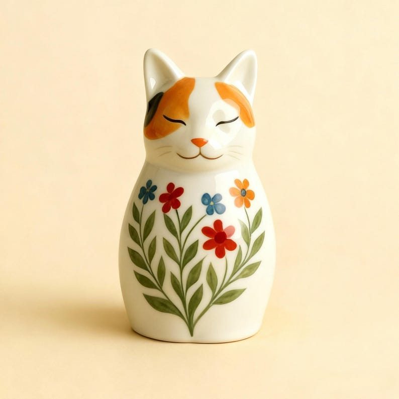 Op de afbeelding: Een witte keramische kattenfiguur met oranje en zwarte vlekken op het hoofd. De kat heeft gesloten ogen en een glimlach. De body is versierd met een bloemenpatroon met rode, blauwe en oranje bloemen en groene bladeren.