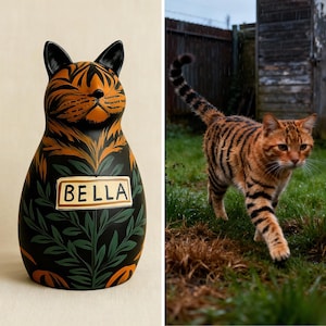 Op de afbeelding: Een zwarte keramische katvormige spaarpot met oranje en groene bloemmotieven en de naam "BELLA" op een rechthoekige plaat. De afbeelding toont ook een rode tijgerkat met zwarte strepen die op gras loopt.