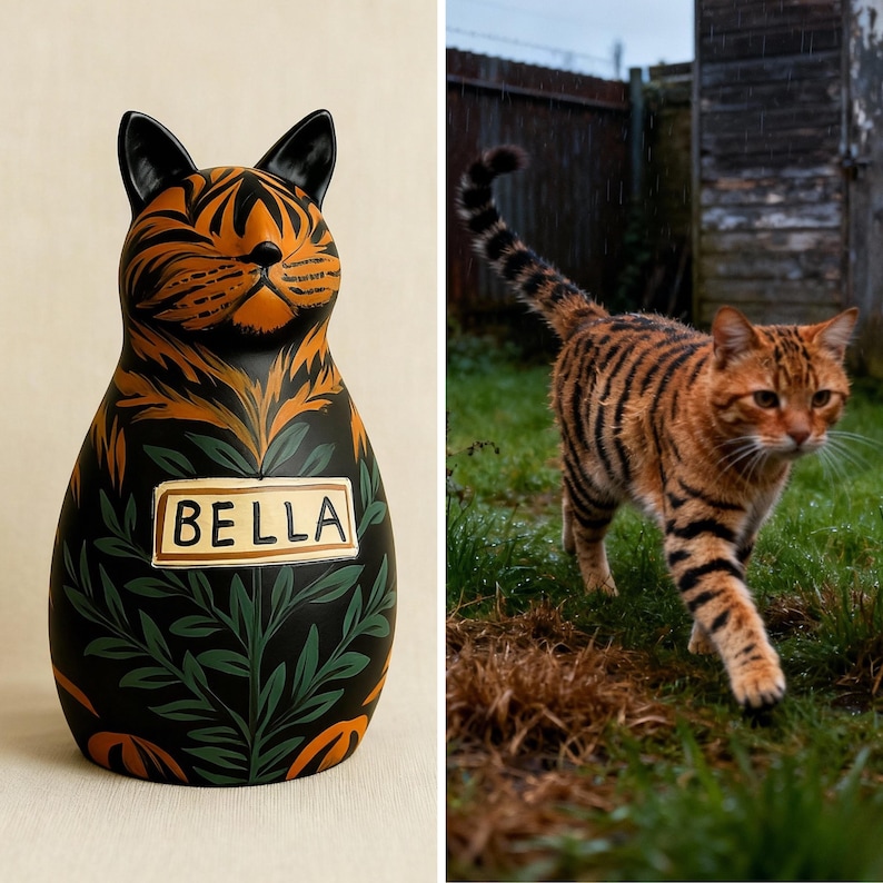 Op de afbeelding: Een zwarte keramische katvormige spaarpot met oranje en groene bloemmotieven en de naam "BELLA" op een rechthoekige plaat. De afbeelding toont ook een rode tijgerkat met zwarte strepen die op gras loopt.