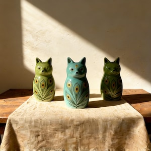 May include: Three ceramic cat figurines in shades of green and teal, each adorned with a peacock feather design. The cats are arranged on a wooden table covered with a cream-colored cloth. The background is a neutral wall with a beam of sunlight.