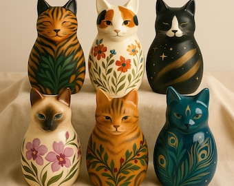 Cat urn handmade ceramic pet memorial urn personalized cat shaped jar cat ashes keepsake colorful floral painted feline tribute unique art