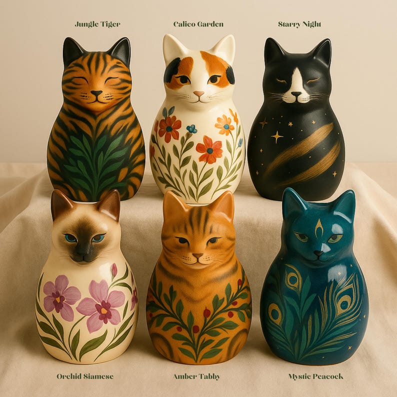 A handcrafted ceramic cat urn painted in bold tiger stripes with golden tones, perfect for honoring a beloved feline. Its hand-sculpted cat silhouette stands 18 cm tall, with upright ears and soft curves, serving as both a memorial vessel and a unique keepsake. Personalization options include names or dates, making this striking urn a colorful tribute and a rare one-of-a-kind pet memorial not found anywhere else on Etsy or beyond.