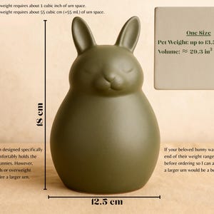 Ceramic rabbit urn sizing guide showing height and width in centimeters, designed for bunny ashes. Perfect reference for pet owners choosing the right size urn. Handmade ceramic pottery urn designed to hold rabbit ashes securely, ideal memorial keepsake for bunny lovers. Informative pet urn image with weight-to-volume details, made for those seeking rabbit memorial urn sizing, custom ashes capacity guide.