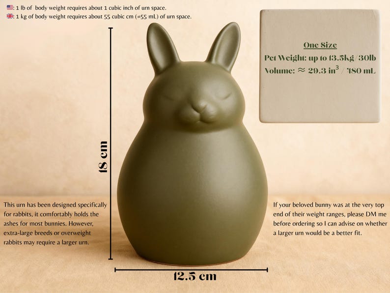 Ceramic rabbit urn sizing guide showing height and width in centimeters, designed for bunny ashes. Perfect reference for pet owners choosing the right size urn. Handmade ceramic pottery urn designed to hold rabbit ashes securely, ideal memorial keepsake for bunny lovers. Informative pet urn image with weight-to-volume details, made for those seeking rabbit memorial urn sizing, custom ashes capacity guide.