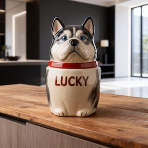 Puede incluir: Un tarro de galletas de cerámica con forma de perro, con un collar rojo y la palabra "LUCKY" en letras rojas. El tarro presenta un diseño de husky con pelaje negro, blanco y gris, y ojos azules. El tarro está sobre una superficie de madera.