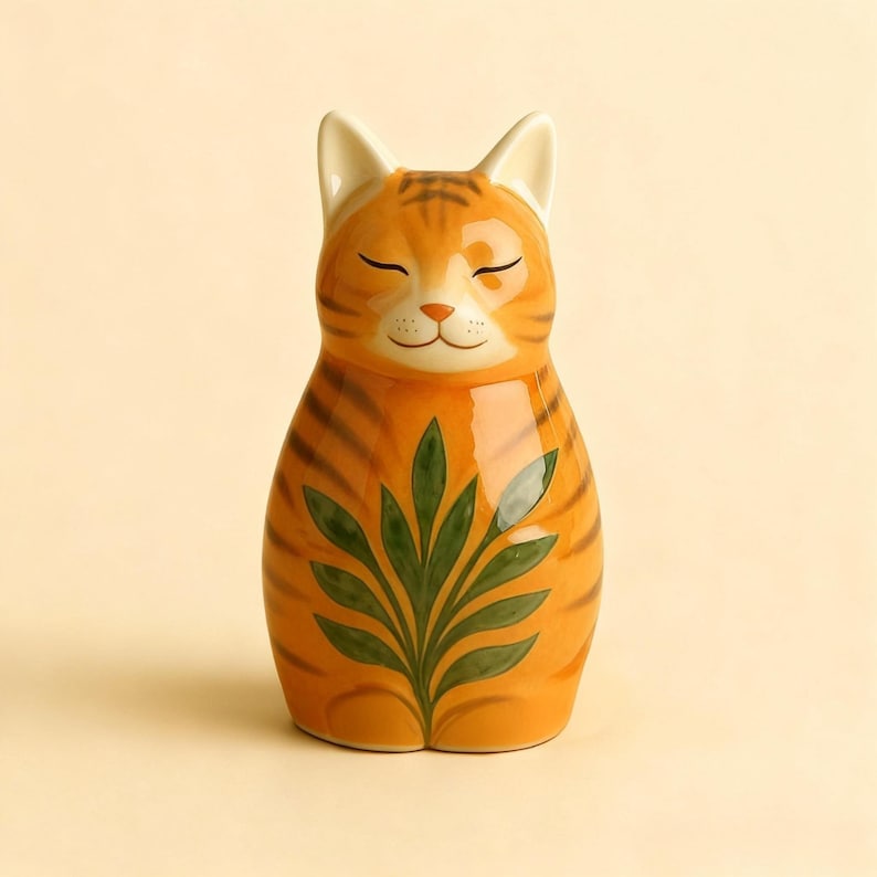 Op de afbeelding: Een keramieken kattenbeeldje met oranje en bruine strepen, gesloten ogen en een groen bladerontwerp op de borst. De kat heeft witte oren en een lachend gezicht, wat een grillig en decoratief stuk cre&euml;ert.