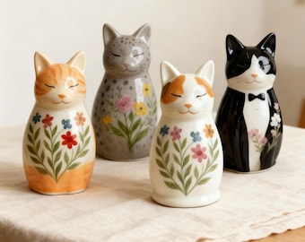 Cat urns handmade ceramic pet memorial urn personalized cat shaped jar cat ashes keepsake memorial floral hand painted flower pattern unique
