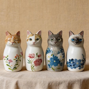 May include: Four ceramic cat figurines standing in a row. The first is orange and white with closed eyes and floral stems. The second is white with brown patches and pink flowers. The third is grey with blue and white flowers. The fourth is Siamese-style with blue eyes and blue flowers.