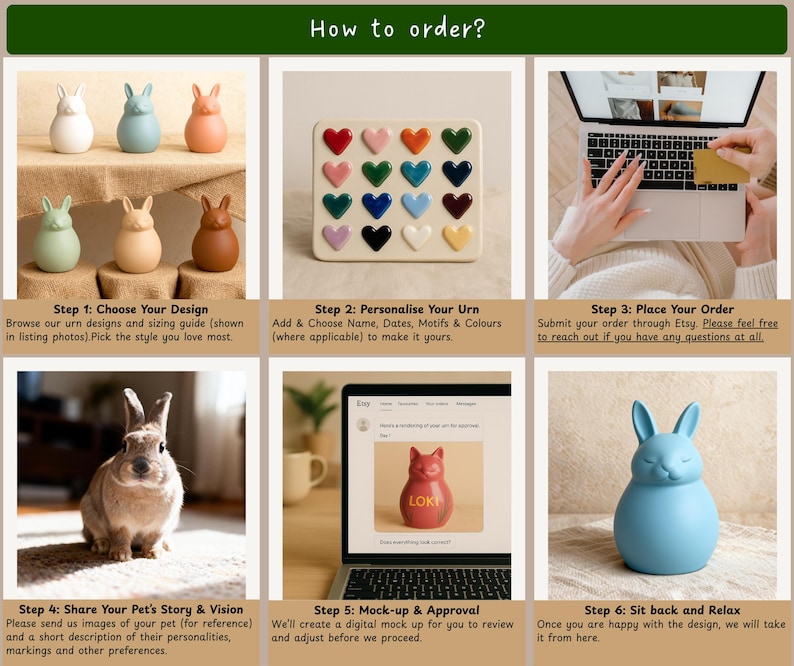 Step-by-step how-to-order guide for personalized rabbit urns. From choosing your ceramic bunny urn design and color to adding custom names, motifs, and glaze finish. Perfect for pet owners ordering handmade rabbit memorial urns. Features personalized pottery process—photo sharing, mock-up approval, and final hand-painting. Bunny lovers can design a unique urn for ashes with custom details, handmade pet loss memorial.