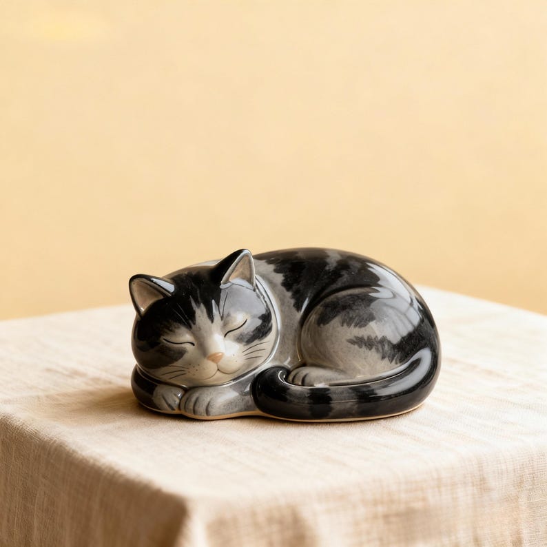 A handmade sleeping cat memorial urn crafted in a curled pose from ceramic, suitable for ashes of pets up to 30lb. Customisation includes painting from photos to capture markings and colours. This unique cremation urn features a secure bottom plug and is ideal for personalised pet memorials, cat ashes containers, artistic feline sculptures and handmade pottery urn buyers seeking a meaningful tribute.