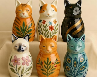 Cat urn handmade ceramic pet memorial urn personalized slim cat shaped jar cat ashes keepsake colorful floral painted feline tribute unique