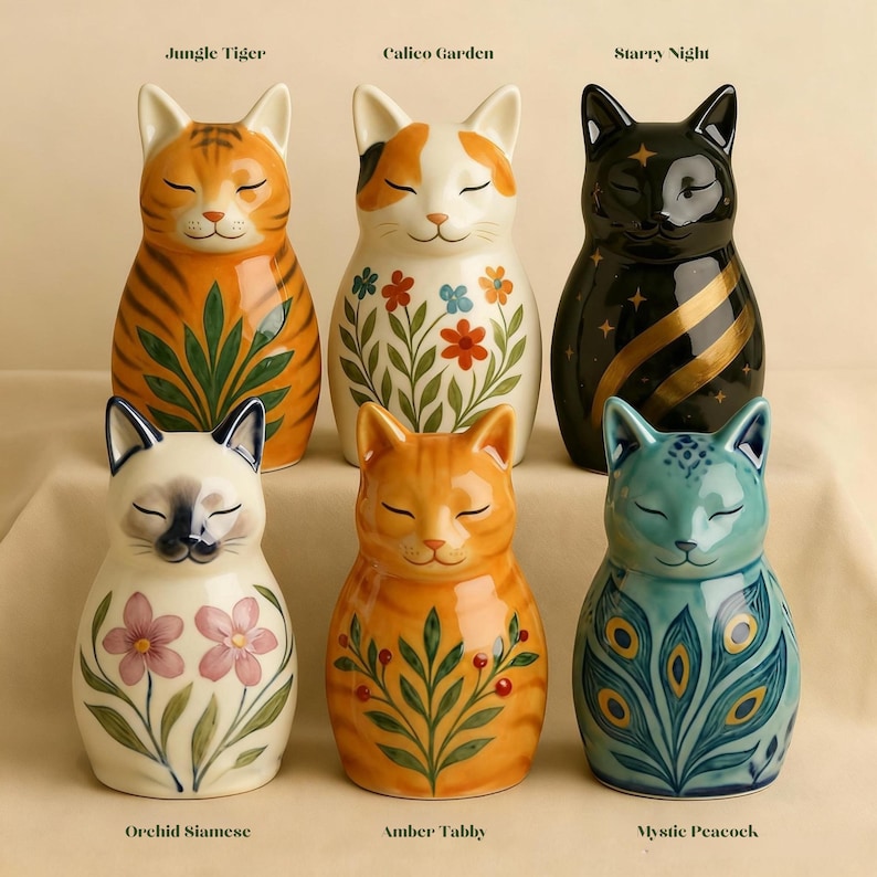 Op de afbeelding: Zes keramische kattenbeeldjes met gesloten ogen, elk met een uniek ontwerp. De "Jungle Tiger" heeft oranje en zwarte strepen, terwijl "Calico Garden" bloemmotieven heeft. "Starry Night" is zwart met gouden strepen. "Orchid Siamese", "Amber Tabby" en "Mystic Peacock" zijn ook afgebeeld.