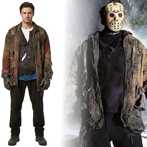 May include: A costume featuring a distressed brown jacket with red accents, a black shirt, and dark pants. The outfit includes gloves and is paired with a hockey mask with red markings. The overall look is designed to resemble a horror movie character.