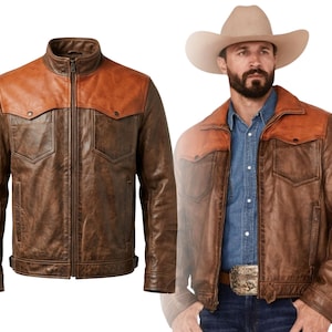 Puede incluir: Chaqueta de cuero marrón con canesú y solapas de bolsillo en cuero marrón claro. La chaqueta tiene cremallera, dos bolsillos en el pecho y dos bolsillos laterales. Estilo vaquero clásico.