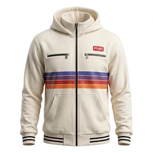 May include: Cream-coloured zip-up hoodie with a retro stripe design in blue, purple, orange, and red. Features a hood, two zipped chest pockets, and a front pocket. The bottom hem and cuffs have black stripes. A red "PHM" logo is on the chest.