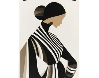 May include: A minimalist art print featuring a woman in profile, wearing a black and white striped dress and a black head covering. The artwork uses a limited color palette of black, white, and tan, creating a striking visual contrast.