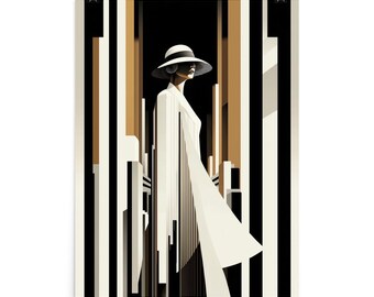 May include: Art Deco style poster print featuring a woman in a white outfit and hat, set against a backdrop of vertical black, beige, and white stripes. The artwork has a minimalist, geometric design with a vintage aesthetic.