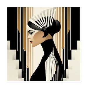 May include: Art Deco style illustration of a woman in profile, wearing a black dress and a white and black headdress. The background features geometric shapes in black, beige, and brown.
