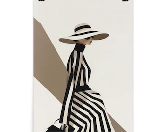 May include: Poster art print featuring a woman in a black and white striped dress, hat, and sunglasses. The artwork has a minimalist style with a neutral background and a geometric shape in the upper left corner. The woman is depicted in a side profile.
