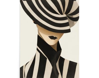 May include: An art print featuring a stylized illustration of a person wearing a black and white striped hat and jacket. The person's face is partially obscured, with black lipstick and a neutral skin tone. The background is a solid off-white color.