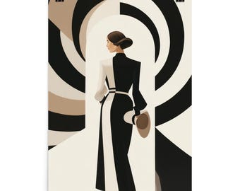 May include: A poster featuring a stylized illustration of a person in a black and white dress, holding a hat. The background has a geometric design with black, white, and tan shapes. The person is viewed from the back, with a dark hairstyle.