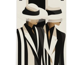 May include: Art print featuring two figures in stylish attire. They wear white hats with black bands, and black and white striped blazers. The artwork has a minimalist, geometric style with a neutral color palette.