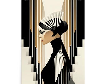 May include: Art Deco style poster featuring a woman in profile. She wears a black dress and a fan-shaped headpiece with black and white stripes. The background has geometric shapes in black, white, and brown, creating a vintage aesthetic.