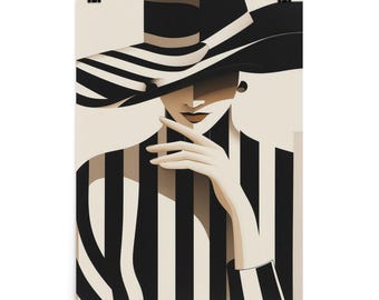 May include: Art print featuring a woman in a black and white striped hat and outfit. The artwork has a vintage style, with a neutral color palette and a focus on geometric shapes. The woman is depicted with a hand raised to her face.