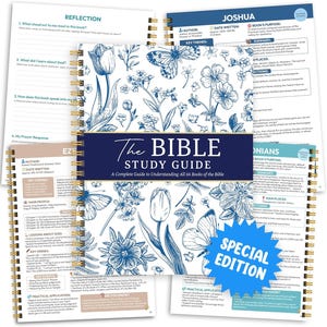 May include: A spiral-bound Bible study guide with a white cover featuring blue line-art illustrations of flowers and butterflies. A dark blue horizontal band displays the text The BIBLE STUDY GUIDE A Complete Guide to Understanding All 66 Books of the Bible. A blue starburst graphic reads SPECIAL EDITION.