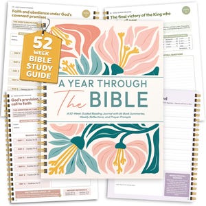 May include: A spiral-bound 52-week Bible study guide journal with a cream cover featuring pink and teal floral illustrations. The text reads A YEAR THROUGH The BIBLE, A 52-Week Guided Reading Journal with 66 Book Summaries, Weekly Reflections, and Prayer Prompts.
