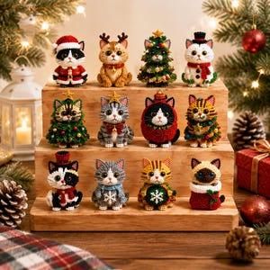 May include: A collection of twelve small, beaded cat figurines arranged on a three-tiered wooden display stand. Each cat features unique holiday-themed attire, including Santa suits, reindeer antlers, Christmas trees, snowmen, and winter scarves.