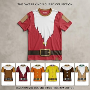 May include: A red short-sleeve t-shirt featuring a white beard graphic, a brown belt with a gold buckle, and tan shoulder patches. The text THE DWARF KING'S GUARD COLLECTION appears at the top, with SEVEN UNIQUE DESIGNS 100% PREMIUM COTTON below.