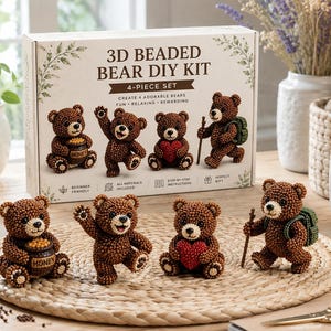 Gör-det-själv-kit med 3D-pärlor och nallebjörn, söt nallebjörnspärlprylkit, handgjort djurpärlkit, avkopplande hobbypresent för vuxna och barn.