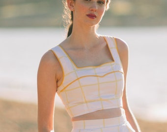 Hula Love Crop Top with buttons up the back - yellow windowpane check