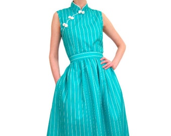 READY TO SHIP "The Wanderer" 50s style rockabilly dress with mandarin collar in turquoise