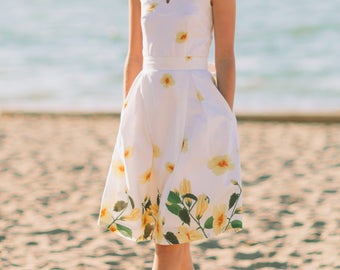 Lana dress inspired by the Grace Kelly Era in yellow floral border print