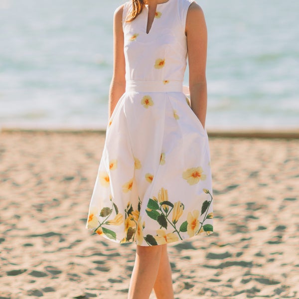 Lana dress inspired by the Grace Kelly Era in yellow floral border print