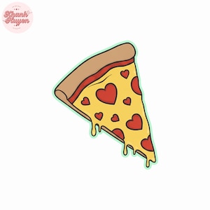 Puede incluir: Ilustración de dibujos animados de una porción de pizza con corteza marrón, salsa roja y queso amarillo. El queso está decorado con formas de corazón rojo y gotea por el costado. La porción de pizza tiene un contorno verde claro.